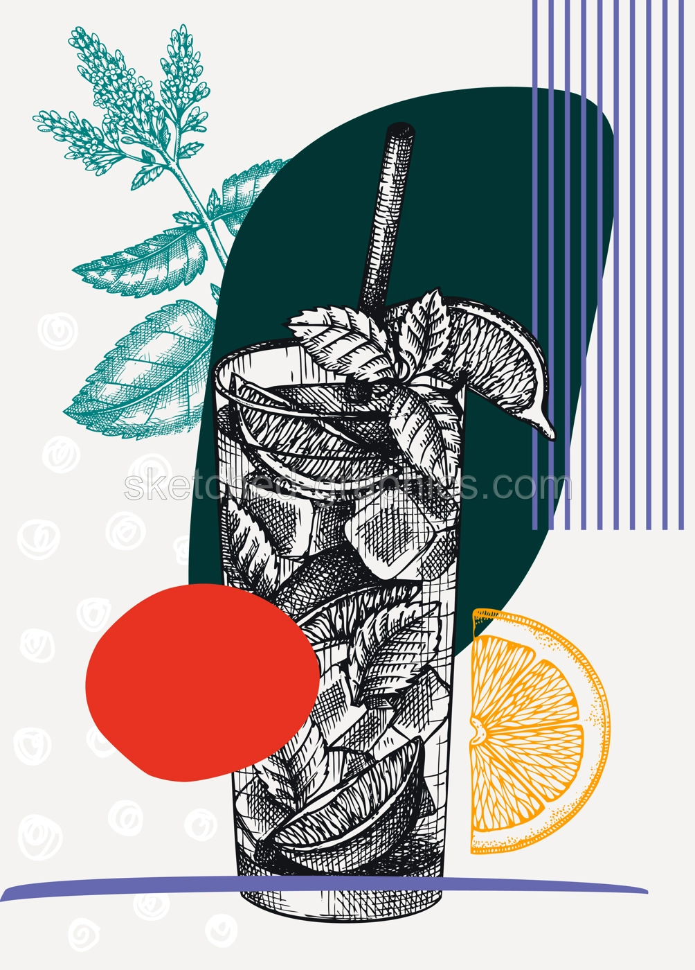 Collage style Mojito cocktail vector illustration. Hand-sketched alcoholic drink drawing. Trendy design with glassware, geometric and abstract shapes. Perfect for print, poster, card, social media Illustration